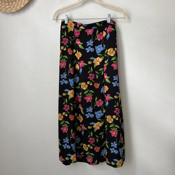 Vtg FT Studio black colorful floral midi a line skirt 90s y2k office 26" waist - Picture 1 of 6